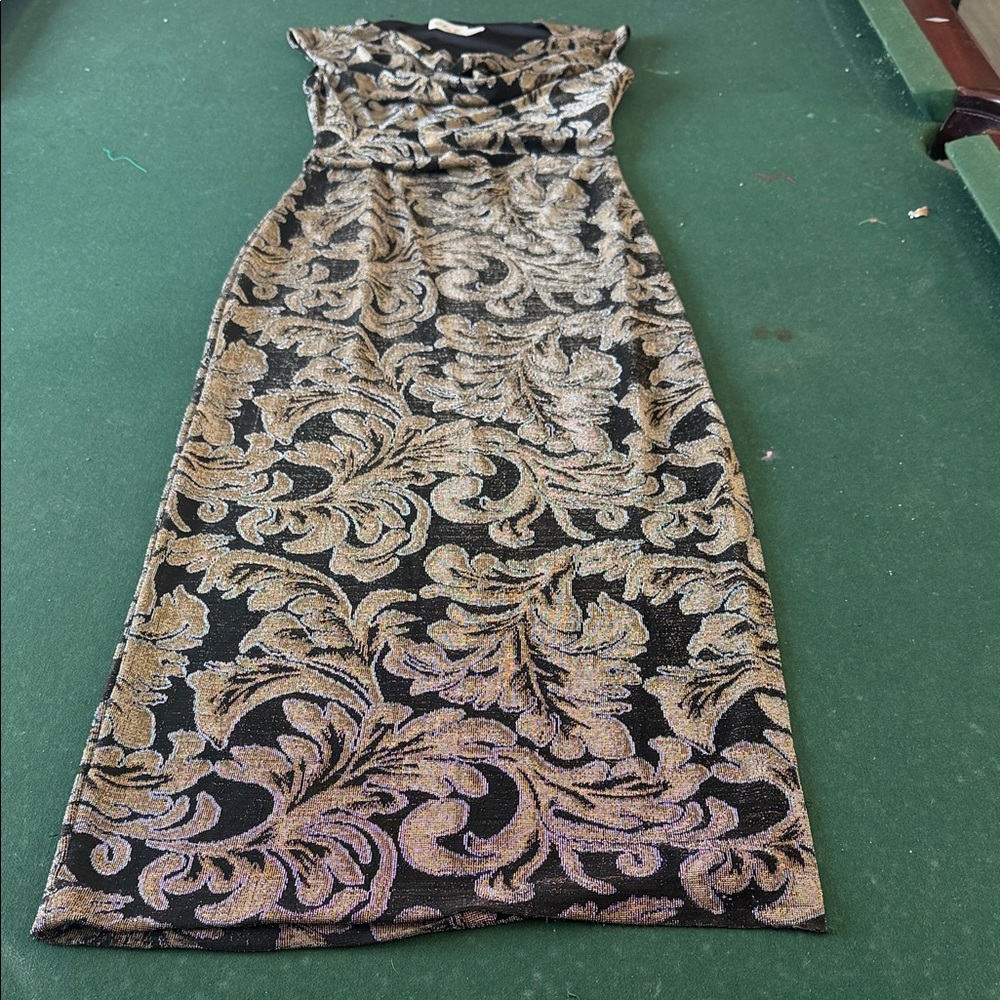 Eliza J Black and Gold Floral Midi Dress. CAJA. # 1 B